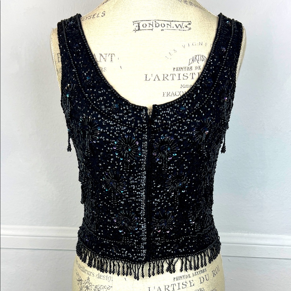 Vintage 60s Vest Top sequins hand beaded Sz. M zip up sleeveless fitted wool